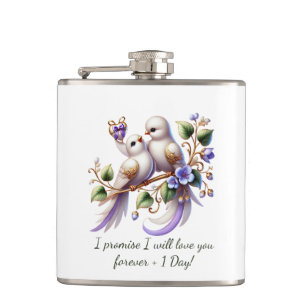 Cute love bird sentiment from Bride to Groom Hip Flask