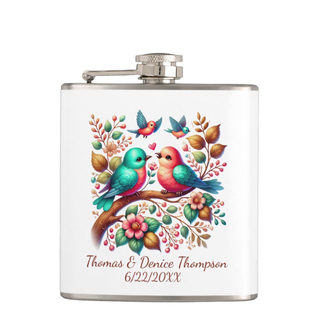 Cute love birds add name date Bride Groom  Hip Flask (Front)