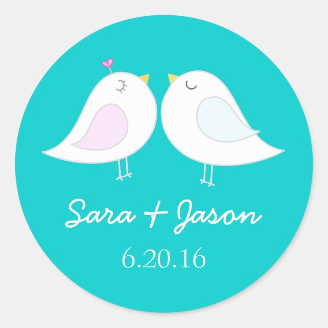 Cute love birds aqua wedding sticker (Front)