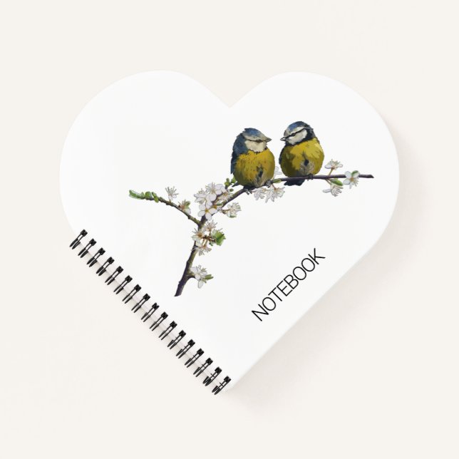 cute love birds cherry blossom tree heart white notebook (Front)