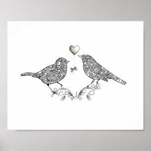 Cute Love Birds in Black and White Poster Print