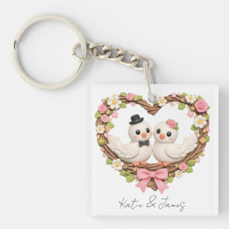 Cute Love Birds in Heart-Shaped Floral Wreath Keychain