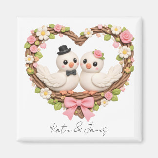 Cute Love Birds in Heart-Shaped Floral Wreath Magnet