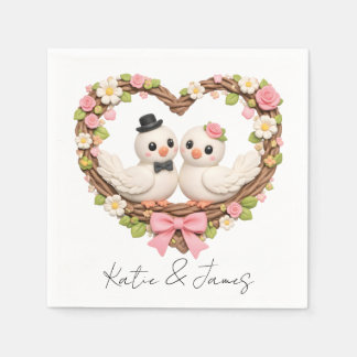 Cute Love Birds in Heart-Shaped Floral Wreath Napkin