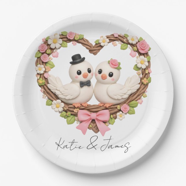Cute Love Birds in Heart-Shaped Floral Wreath Paper Plate (Front)