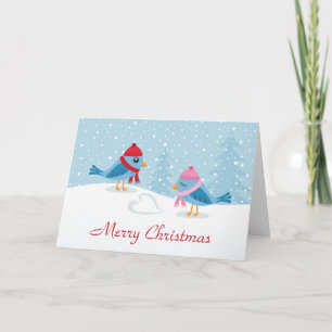 Cute love birds in the snow merry christmas card