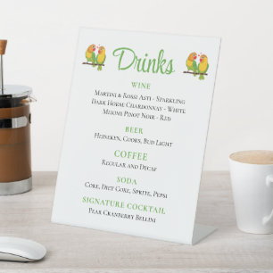 Cute Love Birds Lovebirds Green Wedding Drinks Bar Pedestal Sign