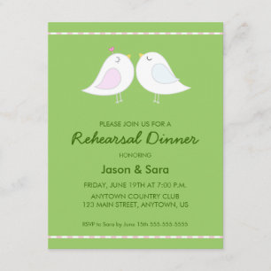 Cute Love Birds on Green Rehearsal Dinner Invitation