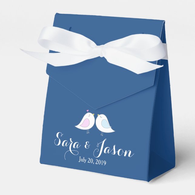 Cute Love Birds on Navy Blue Wedding Favor Box (Front Side)