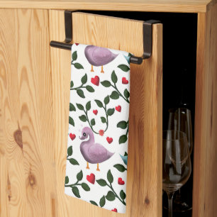 Cute Love Birds Seamless Pattern Romantic Kitchen Towel