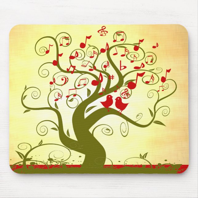 Cute Love Birds Singing Swirl Tree MousePad (Front)