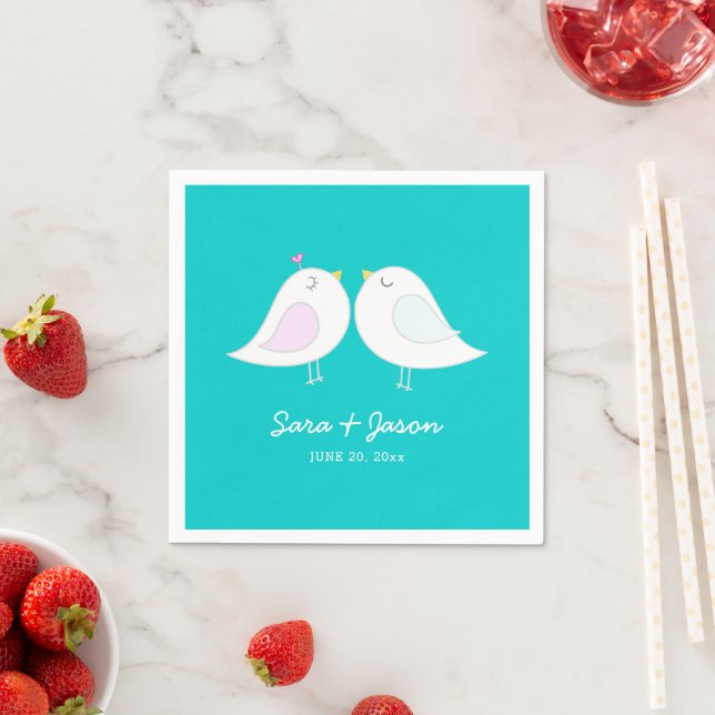 Cute Love Birds Teal Wedding Napkin (Insitu)