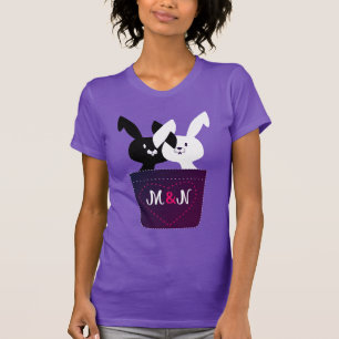 Cute Love Black And White Bunnies With Monogram  T-Shirt