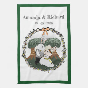 Cute Love Bunnies   Custom Wedding Anniversary Kitchen Towel