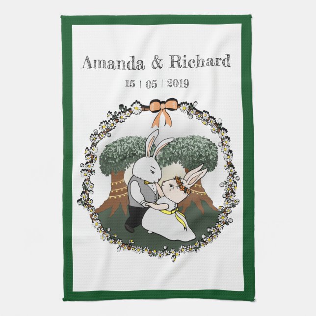 Cute Love Bunnies | Custom Wedding Anniversary Kitchen Towel (Vertical)