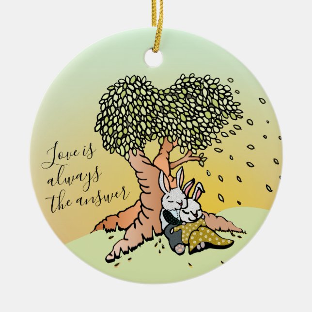 Cute Love Bunnies Illustration Couples Christmas Ceramic Ornament (Front)