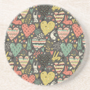 Cute love bunnies pattern with hearts coaster