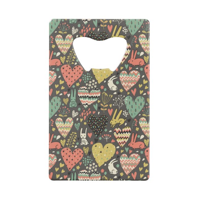 Cute love bunnies pattern with hearts credit card bottle opener (Front)
