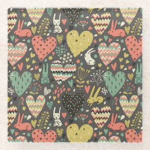 Cute love bunnies pattern with hearts glass coaster