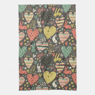 Cute love bunnies pattern with hearts kitchen towel