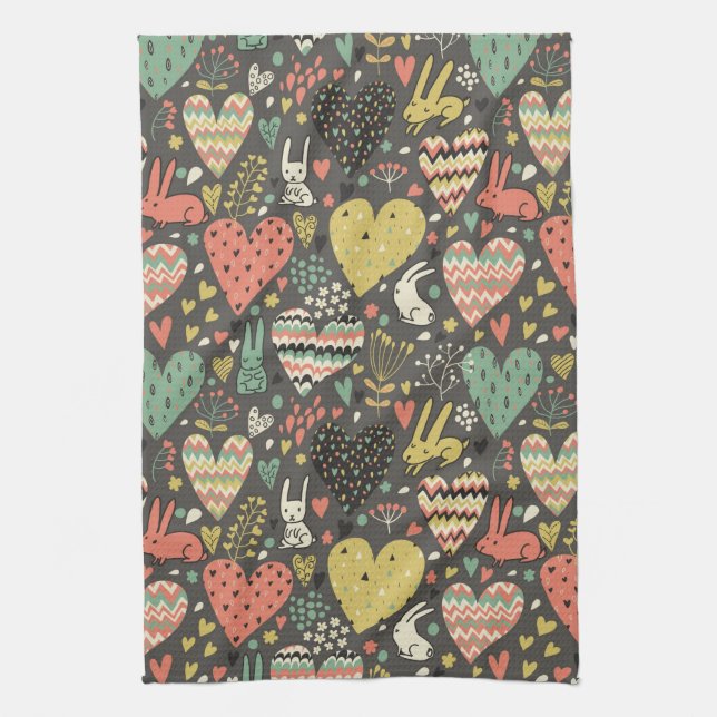 Cute love bunnies pattern with hearts kitchen towel (Vertical)