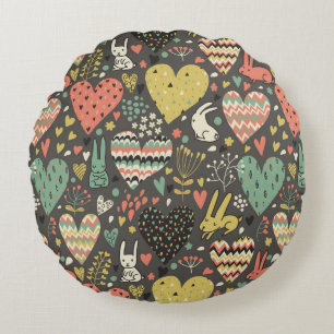Cute love bunnies pattern with hearts round pillow