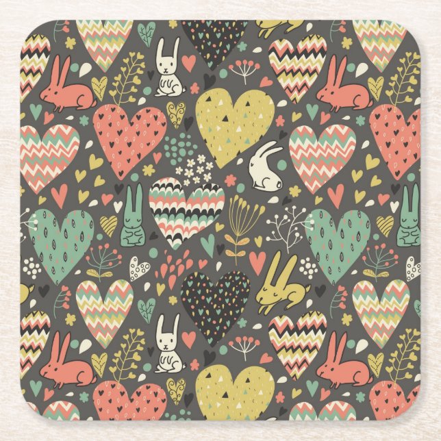 Cute love bunnies pattern with hearts square paper coaster (Front)