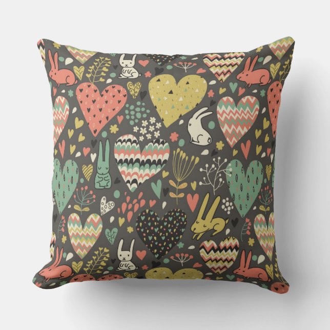 Cute love bunnies pattern with hearts throw pillow (Front)