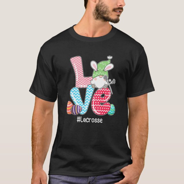 Cute LOVE Bunny Gnome Lacrosse Eggs Hunting Easter T-Shirt (Front)