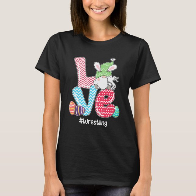 Cute Love Bunny Gnome Wrestling Eggs Hunting Easte T-Shirt (Front)