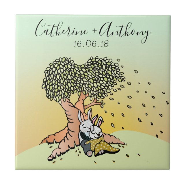 Cute Love Bunny Rabbits Wedding Anniversary Tile (Front)
