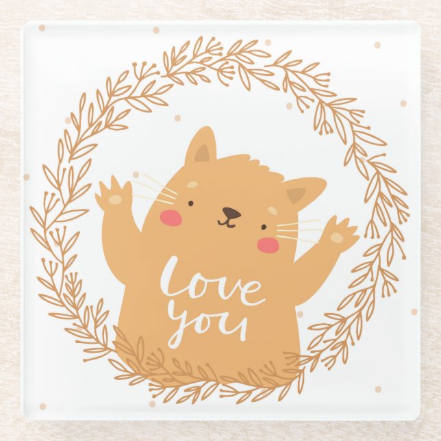 Cute Love Cat Glass Coaster (Front)