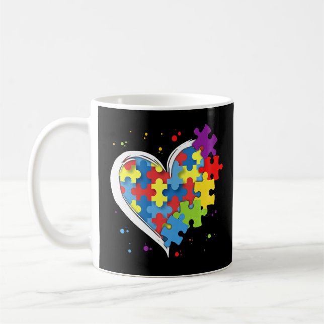 Cute Love Colourful Puzzle Piece Heart Autism Awar Coffee Mug (Left)