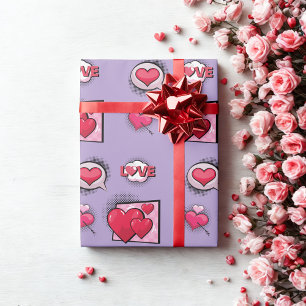 Cute love comic book style purple heart gifts wrapping paper