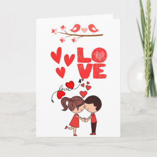 Cute Love Couple Illustration with Hearts  Card
