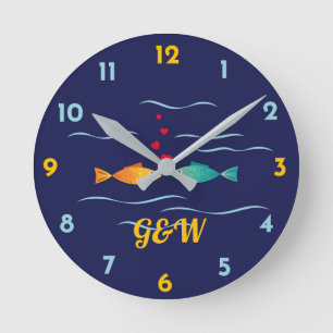 Cute Love Fish couple monograms Round Clock