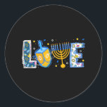 Cute LOVE Hanukkah Decorations Dreidel Menorah Classic Round Sticker<br><div class="desc">Cute LOVE Hanukkah Decorations Dreidel Menorah</div>