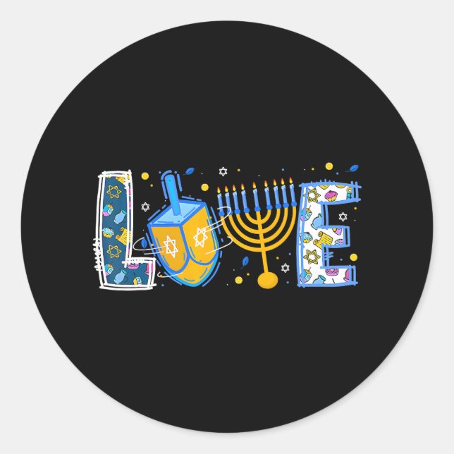 Cute LOVE Hanukkah Decorations Dreidel Menorah Classic Round Sticker (Front)