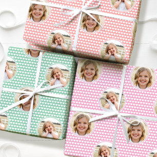 Cute Love Heart 2 Photo Pink Mint Green Set of 3 Wrapping Paper Sheet