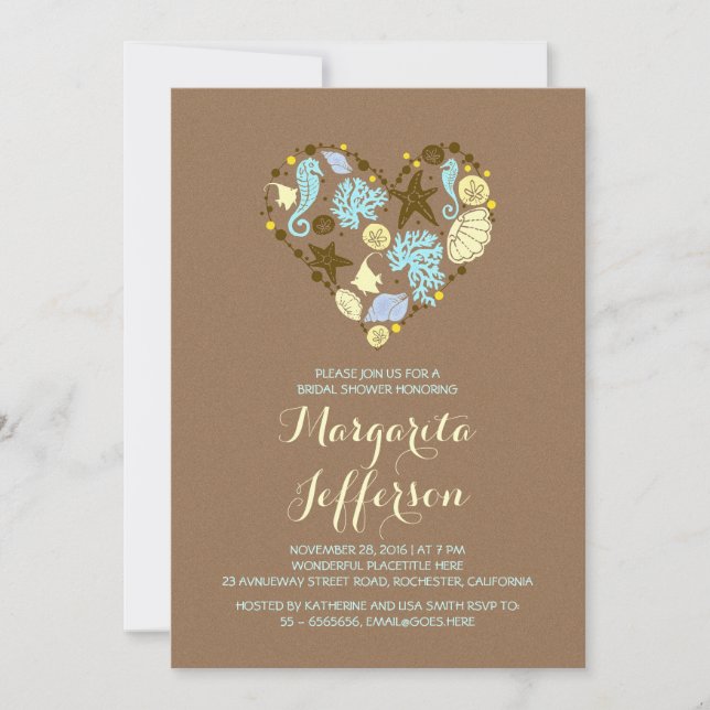 cute love heart beach bridal shower invites (Front)