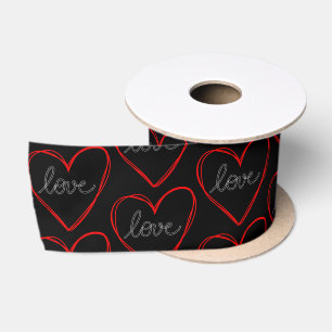 Cute love heart pattern on black background satin ribbon
