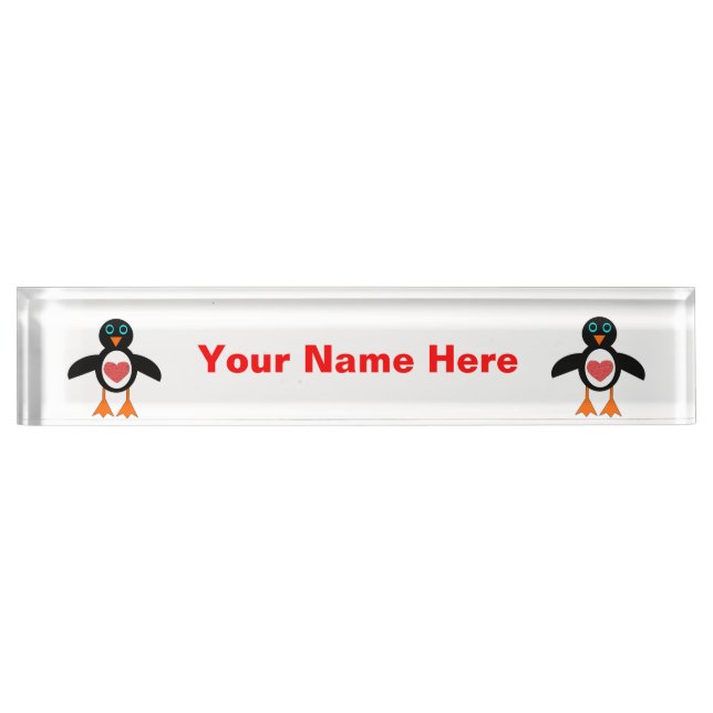 Cute Love Heart Penguin Custom Desk Nameplate (Front)