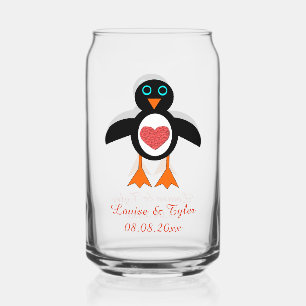 Cute Love Heart Penguin Custom Wedding Can Glass