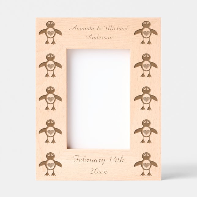 Cute Love Heart Penguin Custom Wedding Etched Frames (Front)