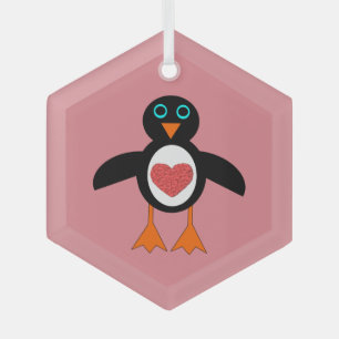 Cute Love Heart Penguin Glass Ornament
