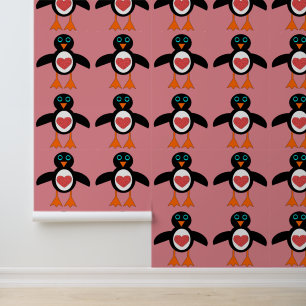 Cute Love Heart Penguin Patterned Wallpaper