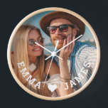 Cute Love Heart Photo Couples Personalized Names<br><div class="desc">Cute Love Heart Photo Couples Personalized Names Clocks features your favourite photo with a love heart and personalized with your names in modern white script. Personalize by editing the text in the text box provided and adding your own picture. Perfect gifts for couples, girlfriend, wife, sweetheart and more for birthday,...</div>