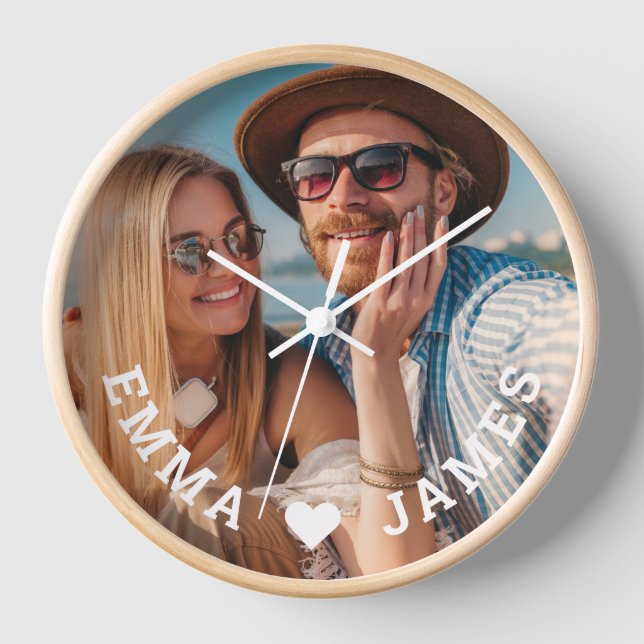 Cute Love Heart Photo Couples Personalized Names Clock (Front)