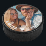 Cute Love Heart Photo Couples Personalized Names Hockey Puck<br><div class="desc">Cute Love Heart Photo Couples Personalized Names Hockey Pucks features your favourite photo with a love heart and personalized with your names in modern white script. Personalize by editing the text in the text box provided and adding your own picture. Perfect gifts for couples, girlfriend, wife, sweetheart and more for...</div>