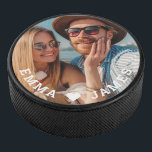 Cute Love Heart Photo Couples Personalized Names Hockey Puck<br><div class="desc">Cute Love Heart Photo Couples Personalized Names Hockey Pucks features your favourite photo with a love heart and personalized with your names in modern white script. Personalize by editing the text in the text box provided and adding your own picture. Perfect gifts for couples, girlfriend, wife, sweetheart and more for...</div>